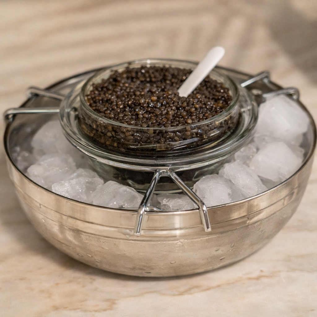 Glass jar of caviar on a bed of ice with a wooden spoon